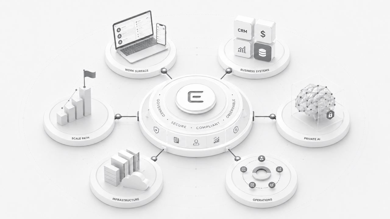 TechE governed operating system control plane across work surface, business systems, private AI, infrastructure, scale and operations