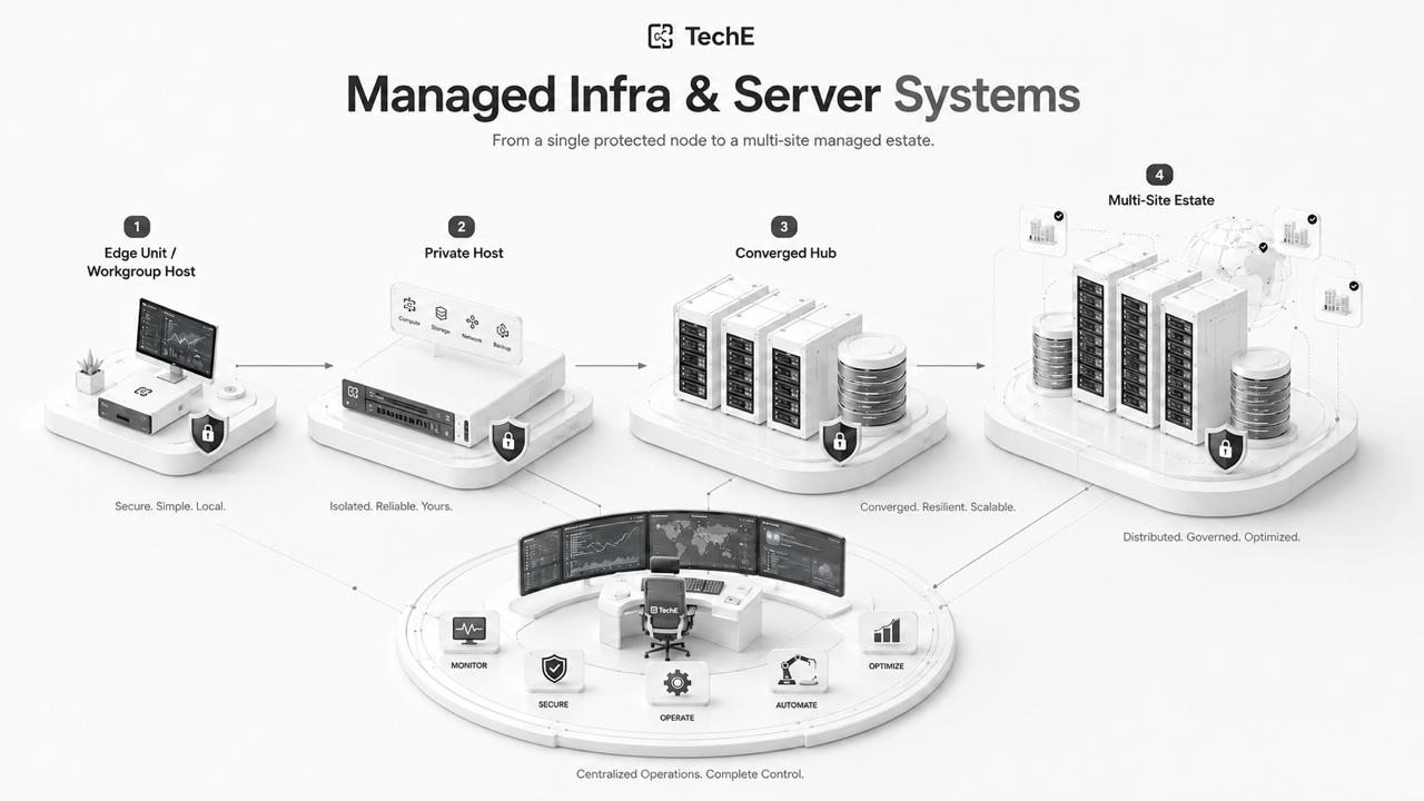 Managed infrastructure progression from edge unit to private host, converged hub and multi-site estate