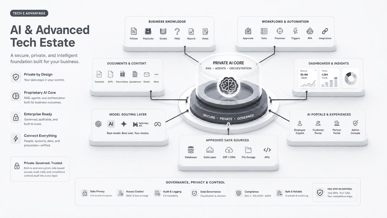 Original TechE AI estate diagram connecting company knowledge, documents, workflows, dashboards, model choices and business systems