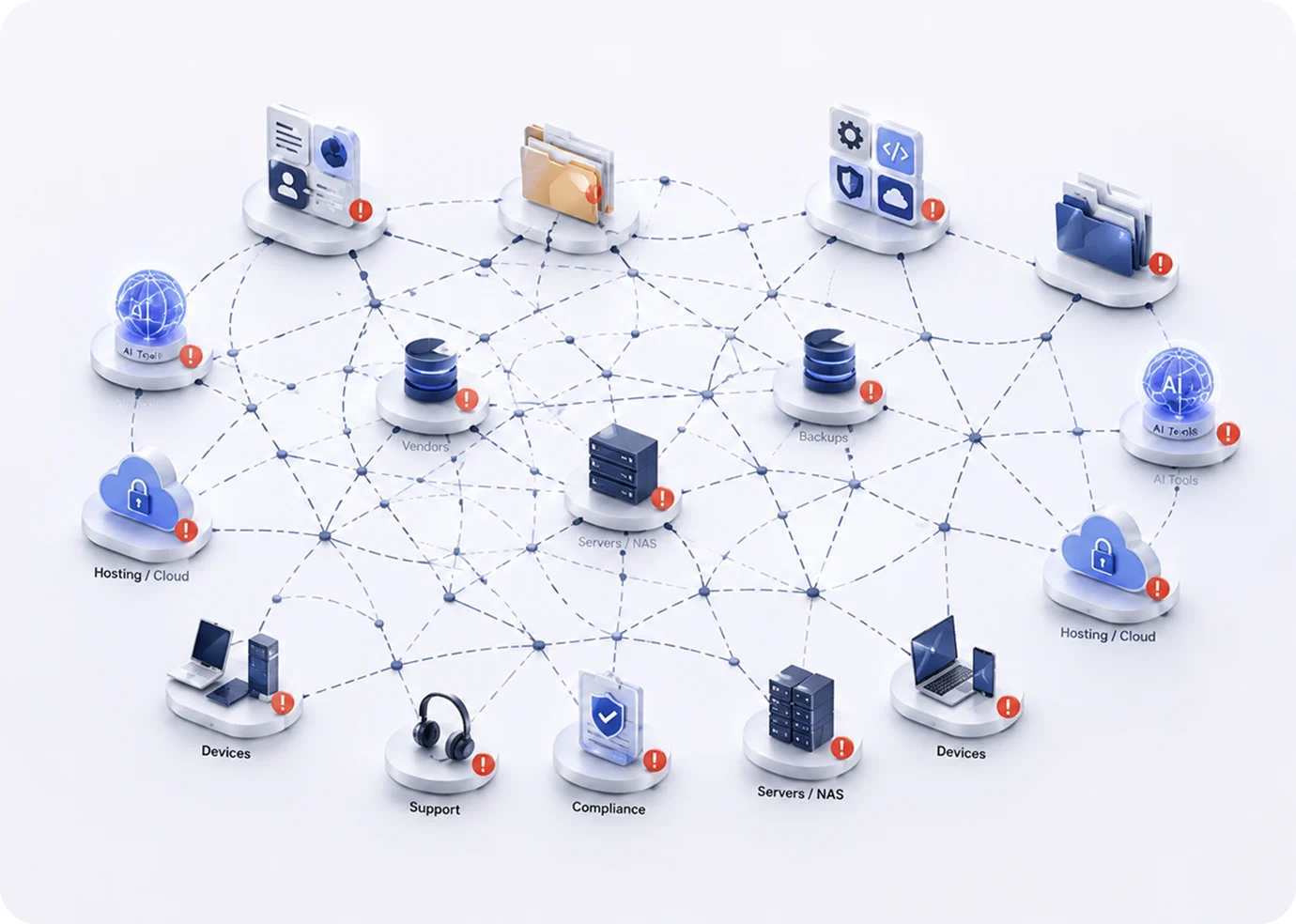 Original TechE illustration of disconnected business tools, files, suppliers and systems
