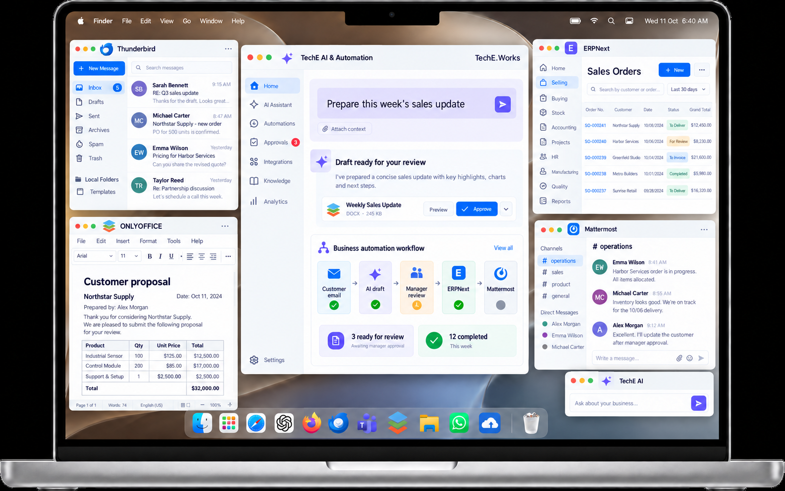 Illustrative TechE desktop with prominent AI and automation, Thunderbird email, ONLYOFFICE, ERPNext and Mattermost