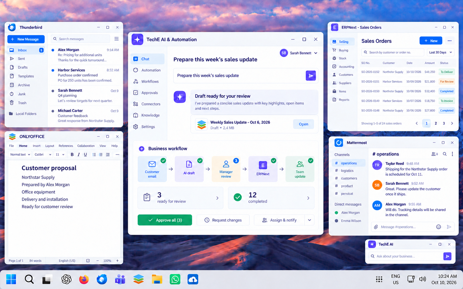 Illustrative TechE desktop with prominent AI and automation, Thunderbird email, ONLYOFFICE, ERPNext and Mattermost