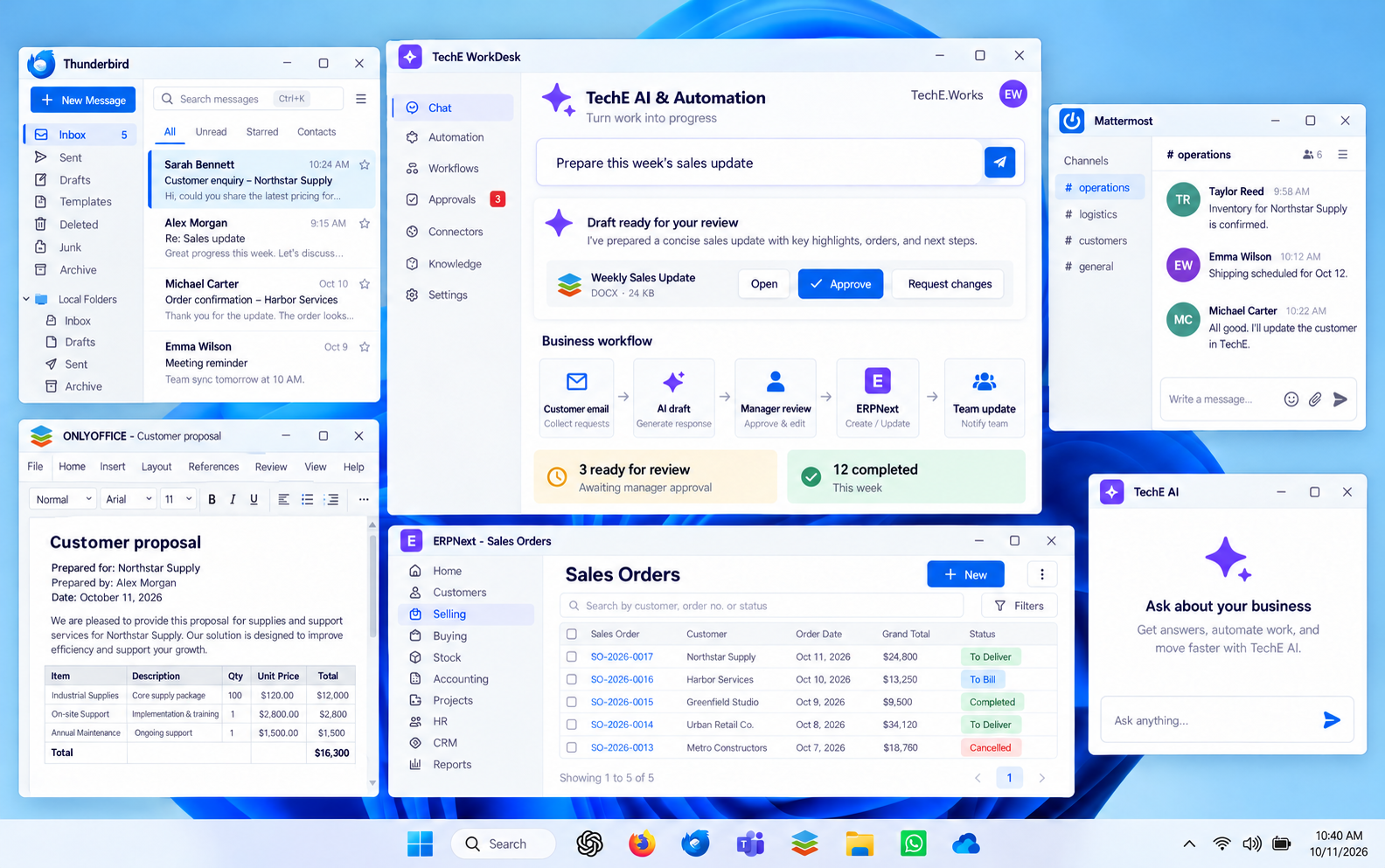 Illustrative TechE desktop with prominent AI and automation, Thunderbird email, ONLYOFFICE, ERPNext and Mattermost